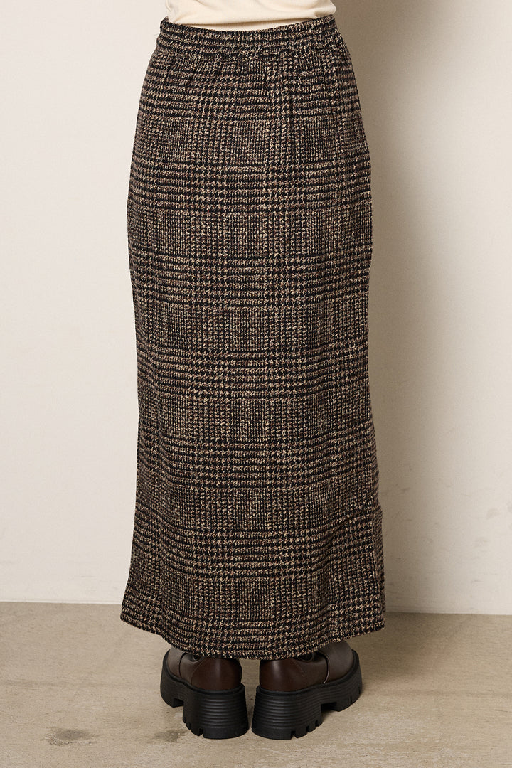 [SET]パターンランダム編みニットトップス+グレンチェック柄フロントジップタイトスカート(2set)