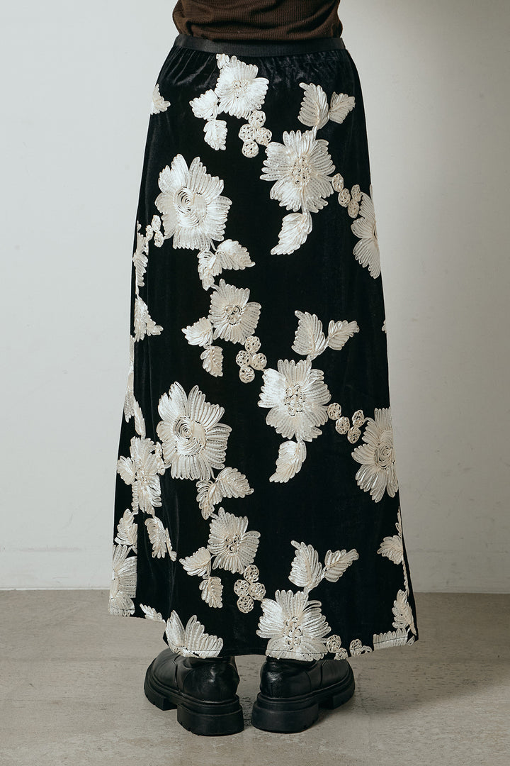 [SET]デニム調ハイネックブルゾン+フラワー刺繍ワイドスカート(2set)