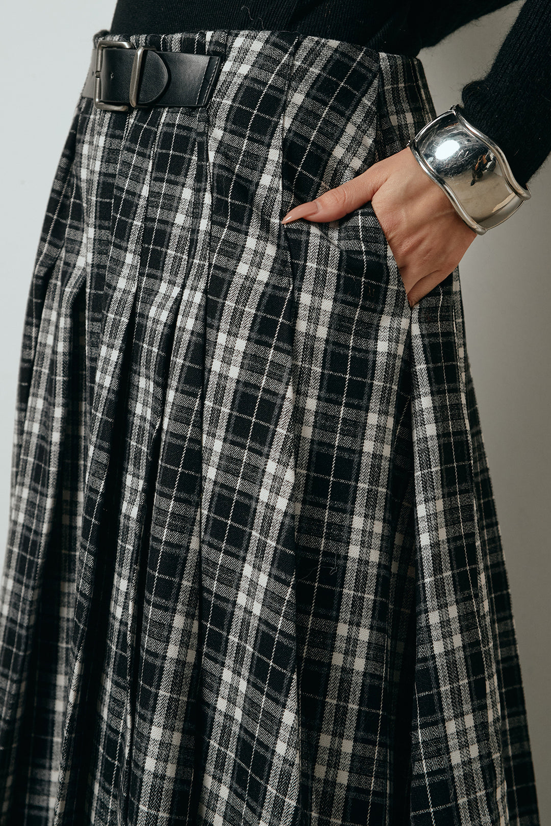 [SET]シャツドッキングニットカーディガン+ベルト付きタータンチェックプリーツスカート(2set)