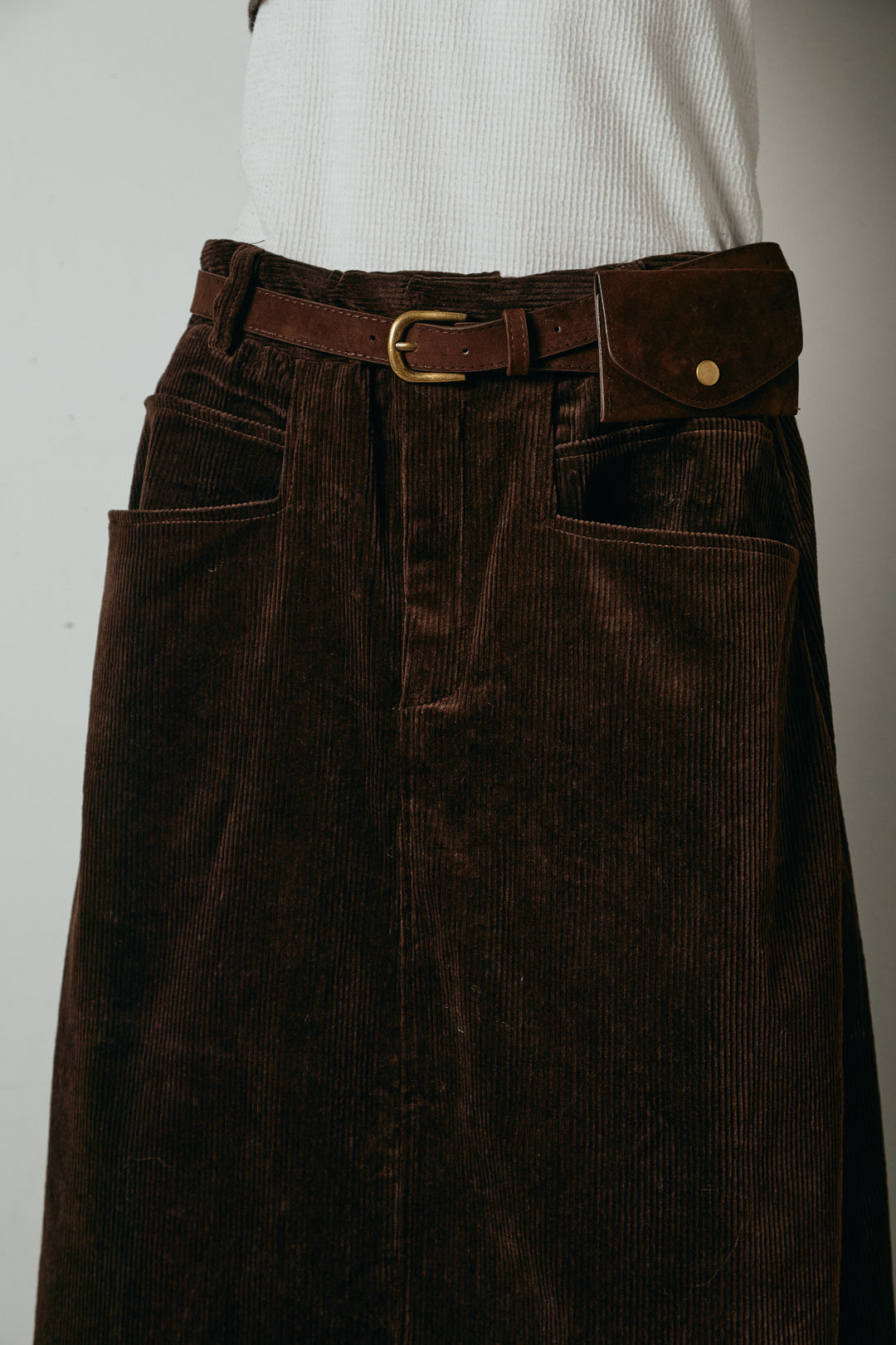 [SET]起毛配色マルチボーダーニットトップス+ポーチベルト付きコーデュロイワイドスカート(2set)