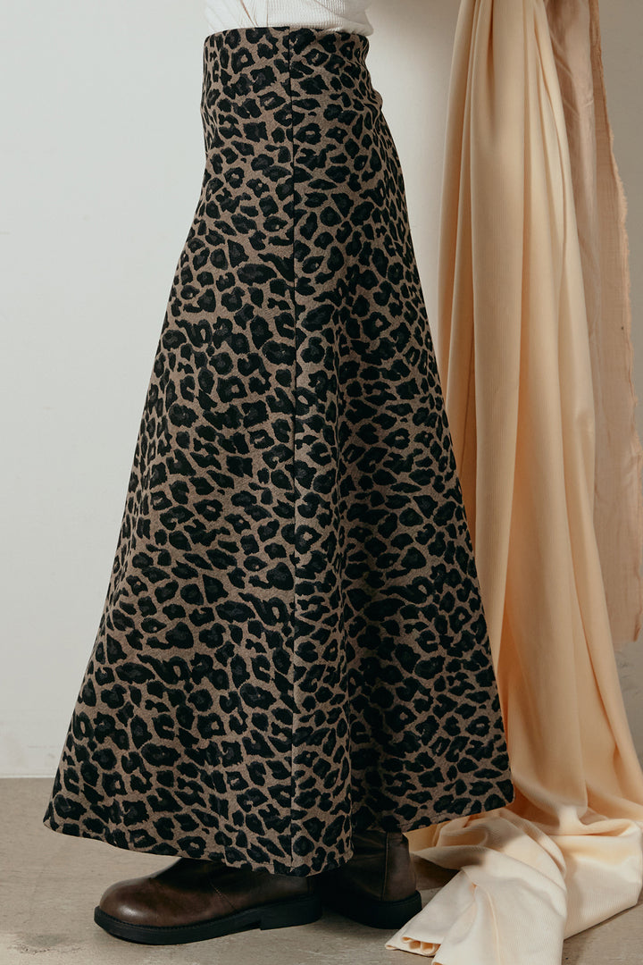 [SET]襟付きシャギーニットポロトップス+レオパードロングスカート(2set)