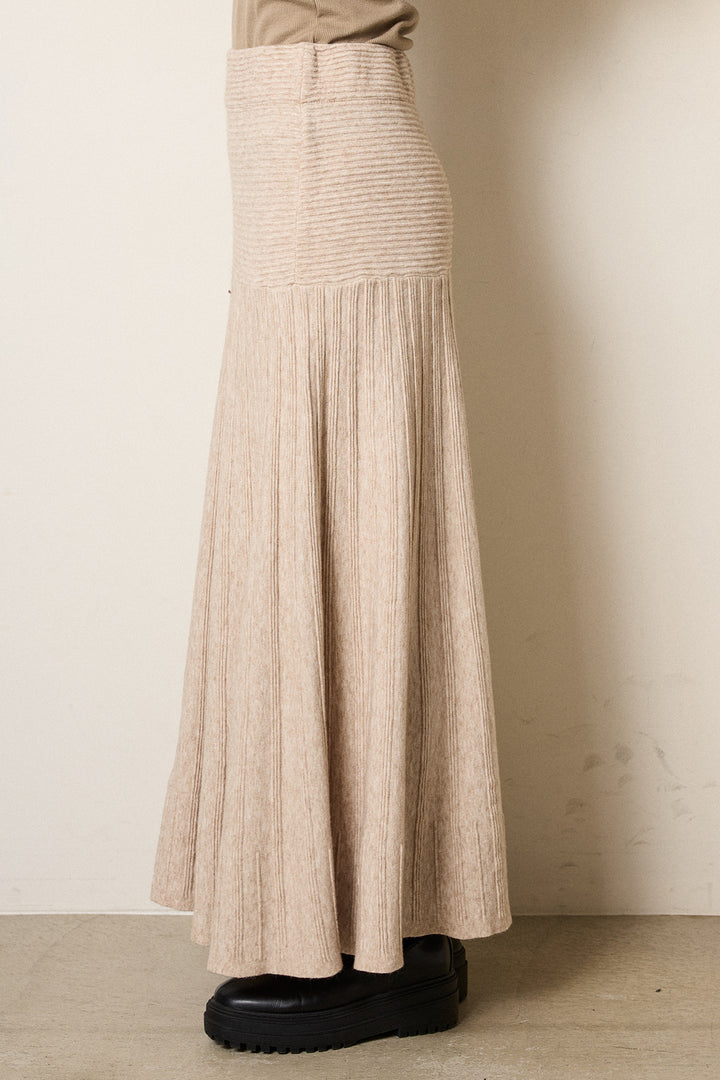 [SET]ハイネックミックスニットカーディガン+編み地切り替えフレアニットスカート(2set)