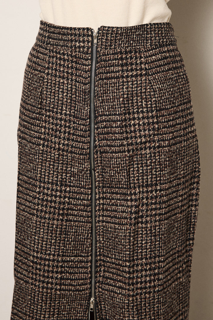 [SET]パターンランダム編みニットトップス+グレンチェック柄フロントジップタイトスカート(2set)