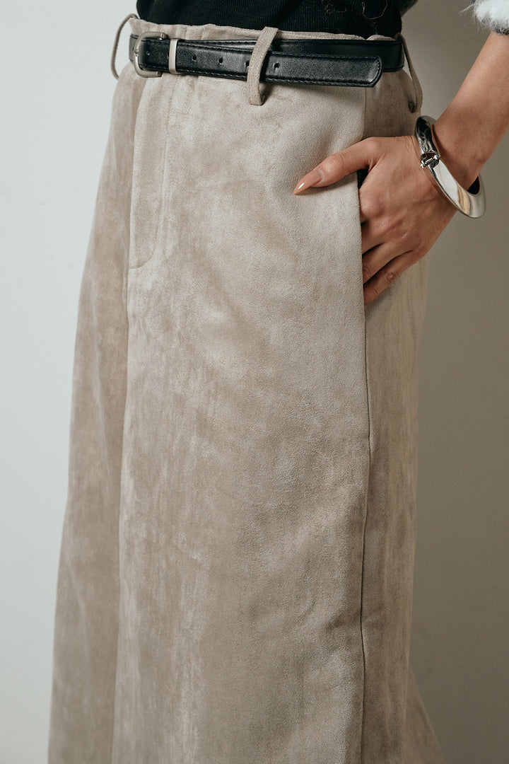 [SET]起毛裾デザインニュアンス柄ニットトップス+エコスウェードワイドスカート(2set)