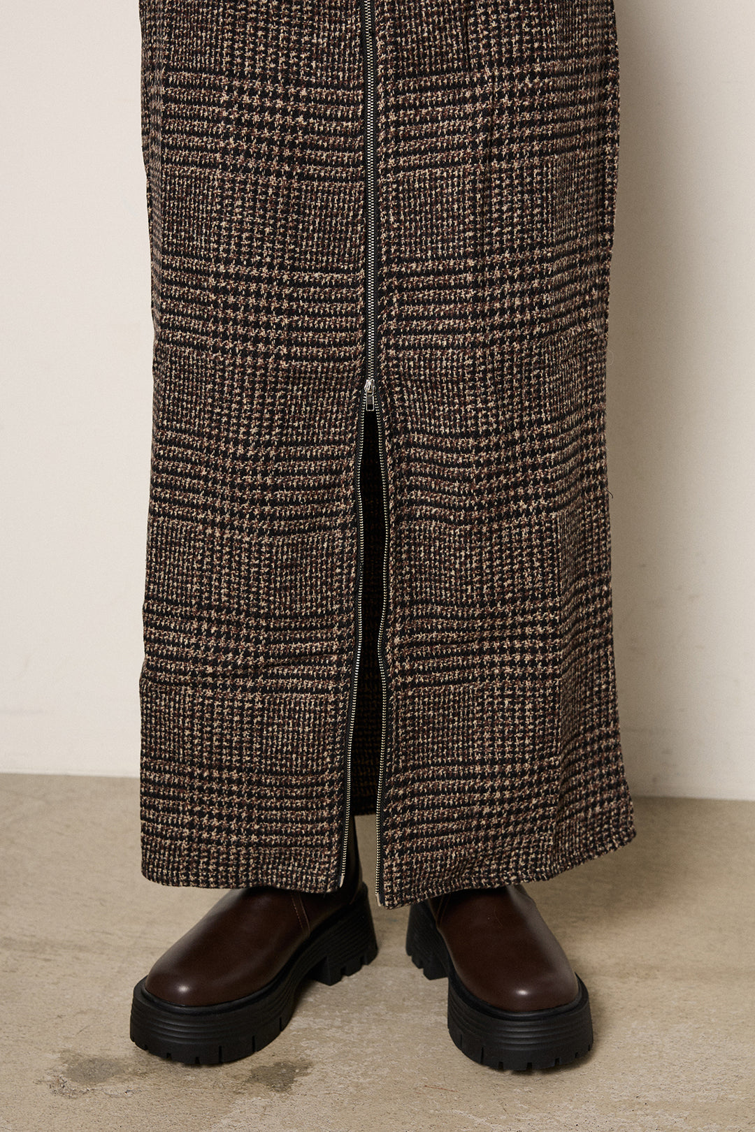 [SET]パターンランダム編みニットトップス+グレンチェック柄フロントジップタイトスカート(2set)