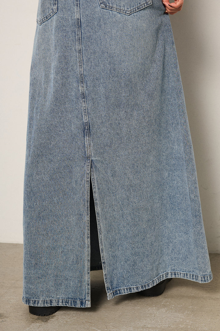 [SET]スタンド襟スウェードライクアウター+デニムロングフレアスカート(2set)