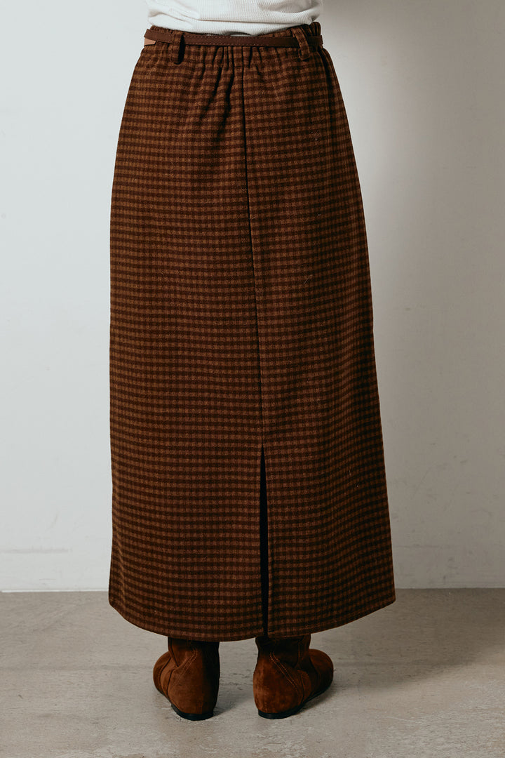 [SET]ノルディック柄Uネックプルオーバー+スエード調ベルト付きチェックナロースカート(2set)