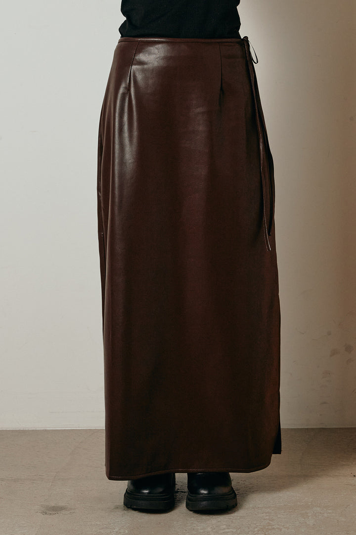 [SET]ミックスニットポケットカーディガン+紐付きフェイクレザーワイドスカート(2set)