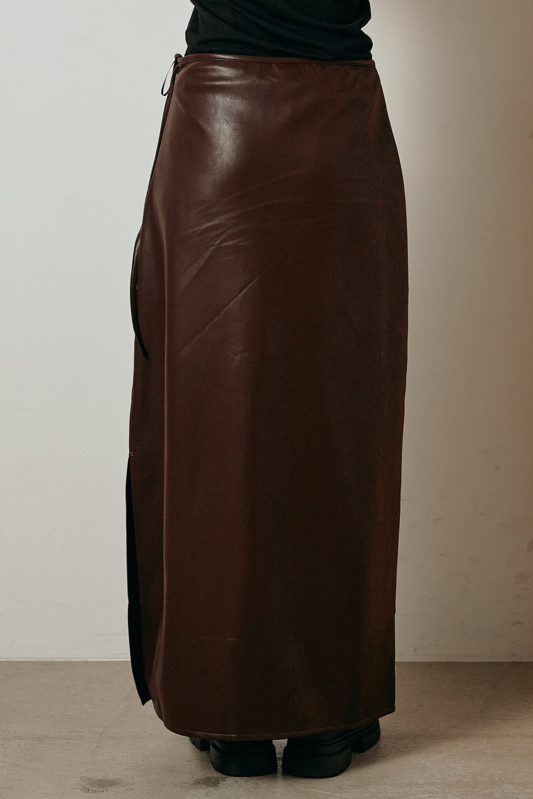 [SET]襟付きマルチボーダーニットポロトップス+紐付きフェイクレザーワイドスカート(2set)