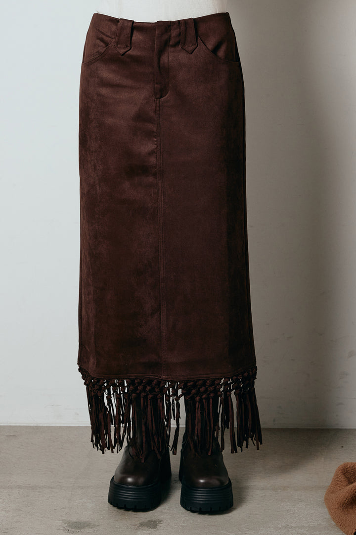 [SET]Vネックルーズラメニットトップス+スウェードライク裾フリンジスカート(2set)