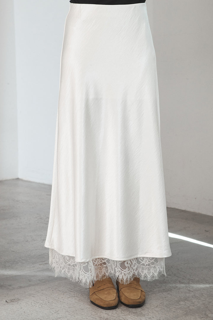 [SET]花柄ジャガードニットカーディガン+裾レースデザインサテンスカート(2set)