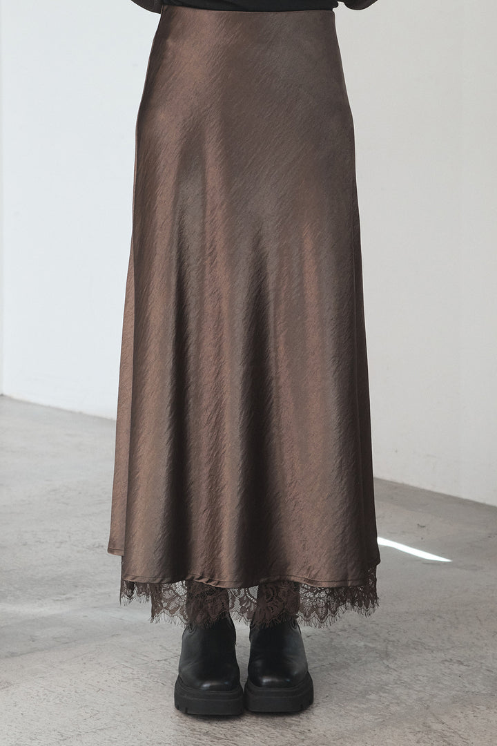 [SET]オンブレーチェックビッグシルエットCPOシャツ+裾レースデザインサテンスカート(2set)