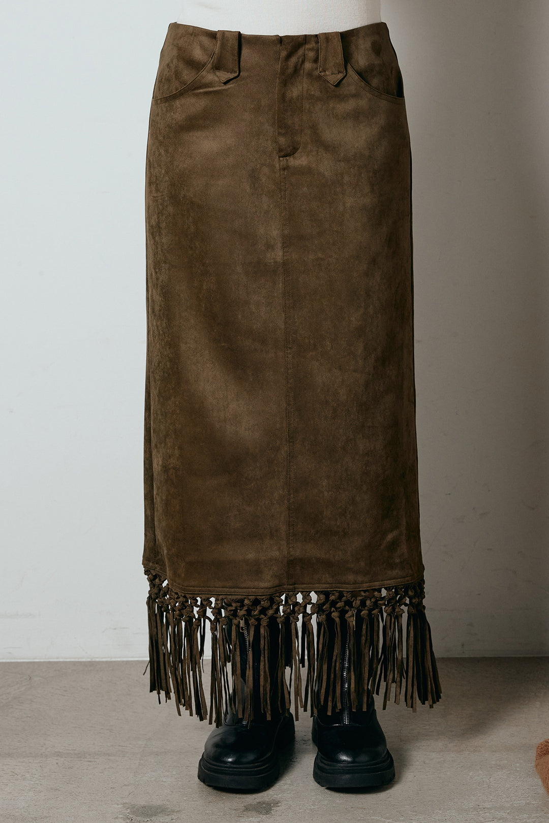 [SET]ルーズシャギーニットカーディガン+スウェードライク裾フリンジスカート(2set)