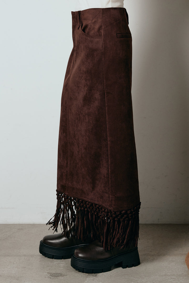 [SET]Vネックラメニットトップス+スウェードライク裾フリンジスカート(2set)