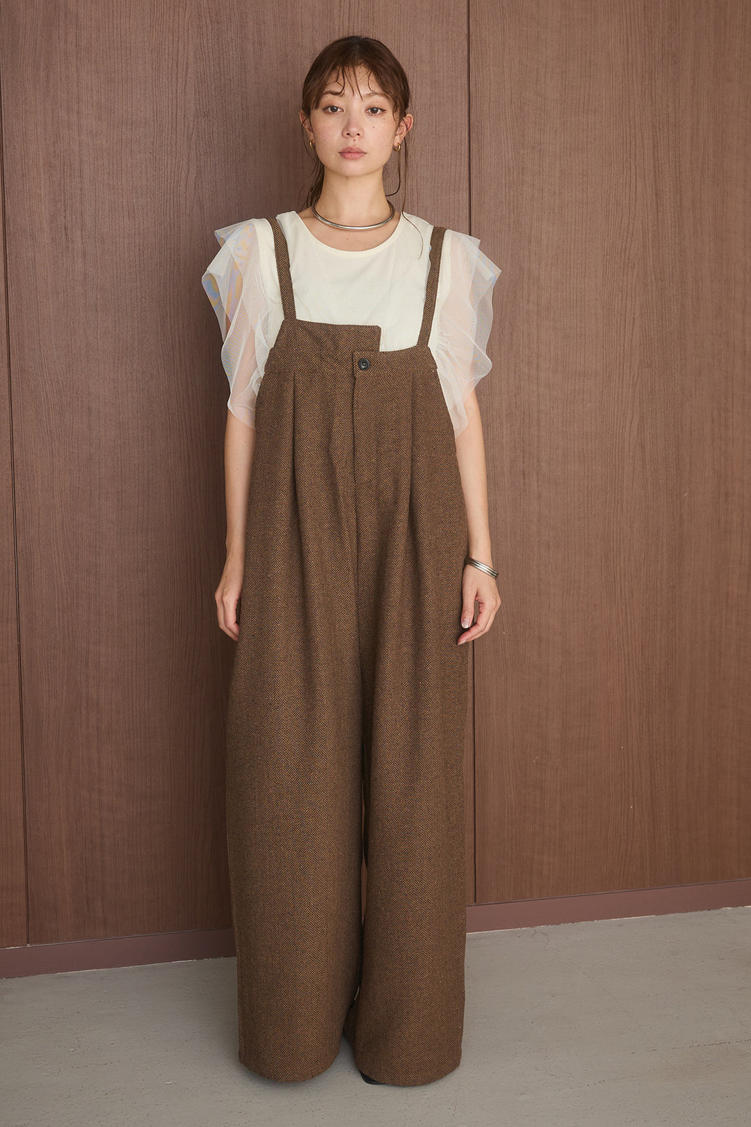 [SET]バルーンヘムショート丈トレンチジャケット+ヘリンボーンサロペット(2set)