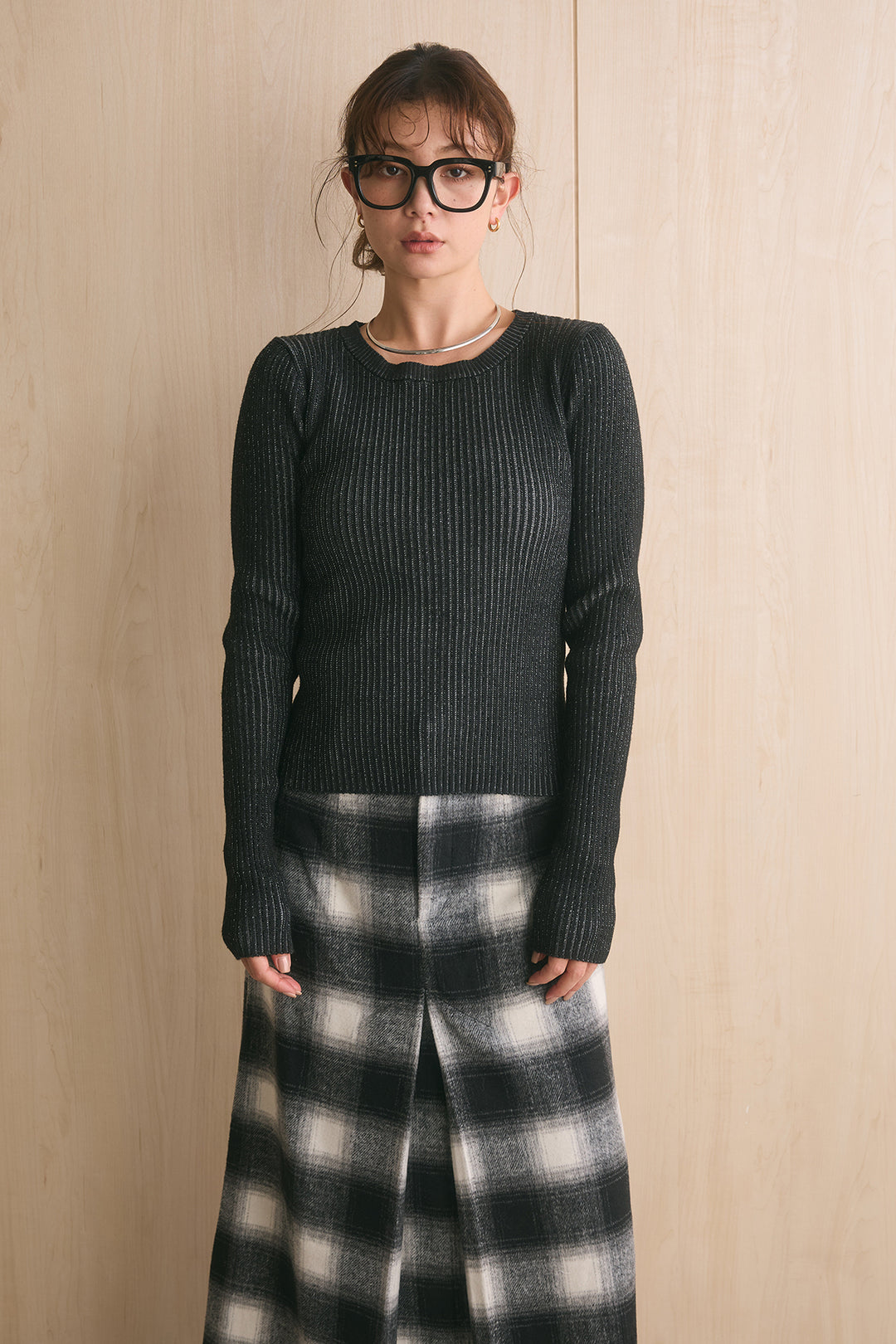 [SET]起毛チェック柄シャツジャケット+起毛チェック柄ボックスタックスカート+プレーティングクルーネックプルオーバー(3set)