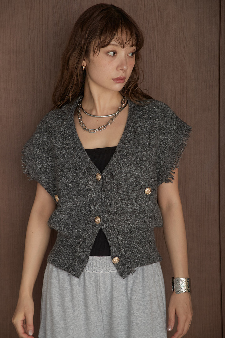 【着回しセット】[SET]ツイード編みVネックフリンジニットベスト+ランダムタックスウェットワイドパンツ+ロングベルト付きツータックバレルパンツ(3set)