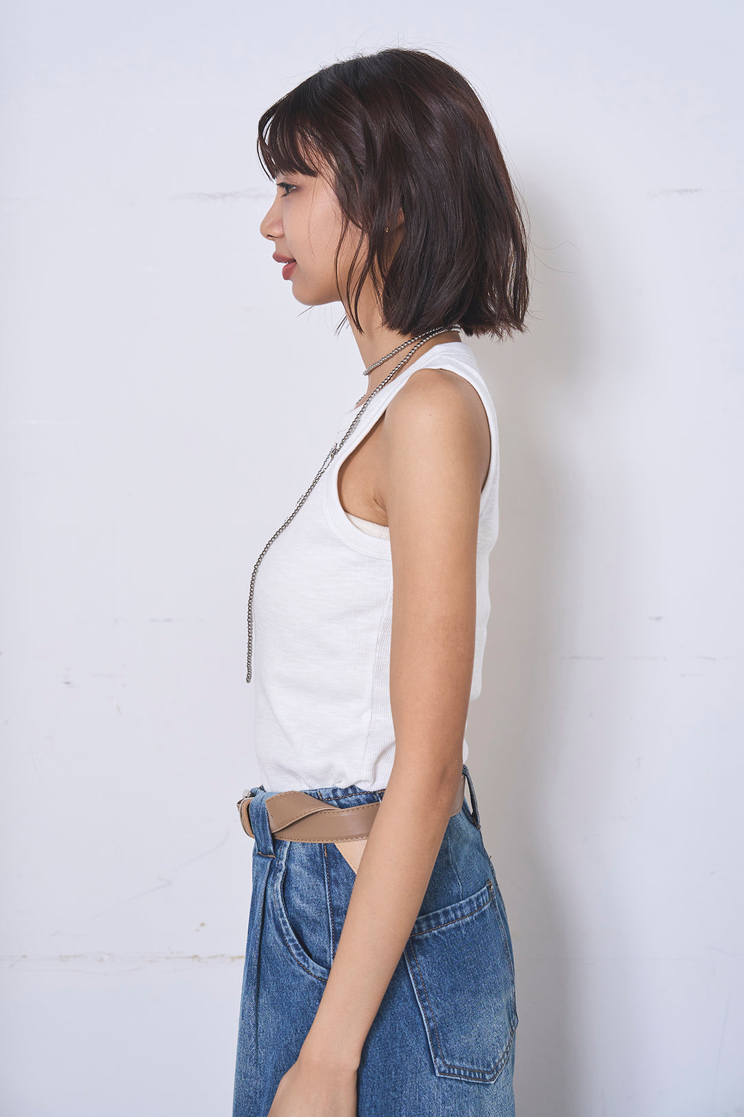 [SET]ケミカルデニムカバーオールジャケット+ベルトループワイドタックデニムパンツ+ヘンリーネックシアータンクトップ(3set)