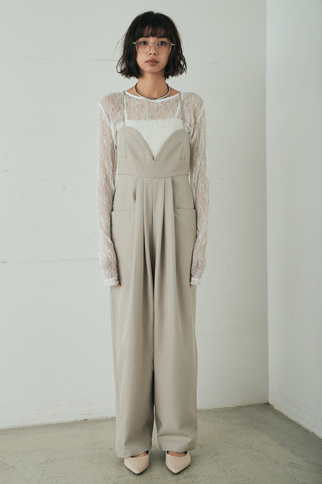 [SET]バックジップデザインショートツイルジャケット+キャミロングオールインワン(2set)