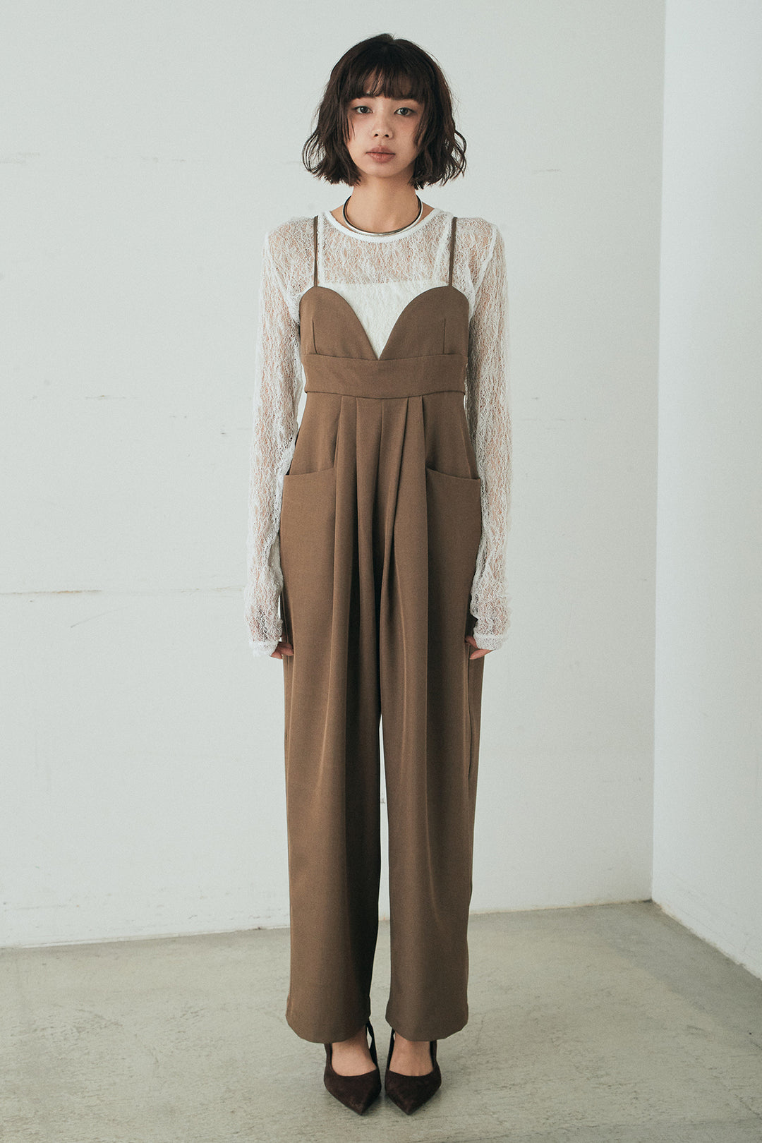 [SET]バックジップデザインショートツイルジャケット+キャミロングオールインワン(2set)