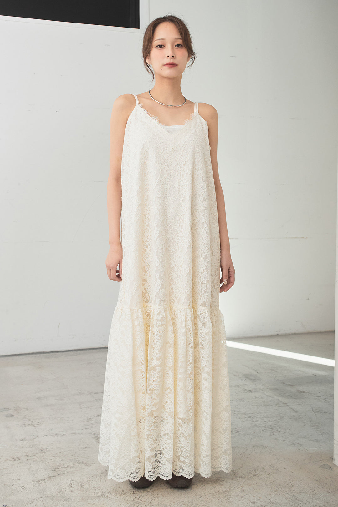 [SET]フリンジデニムジャケット+レース刺繍フレアキャミワンピース(2set)