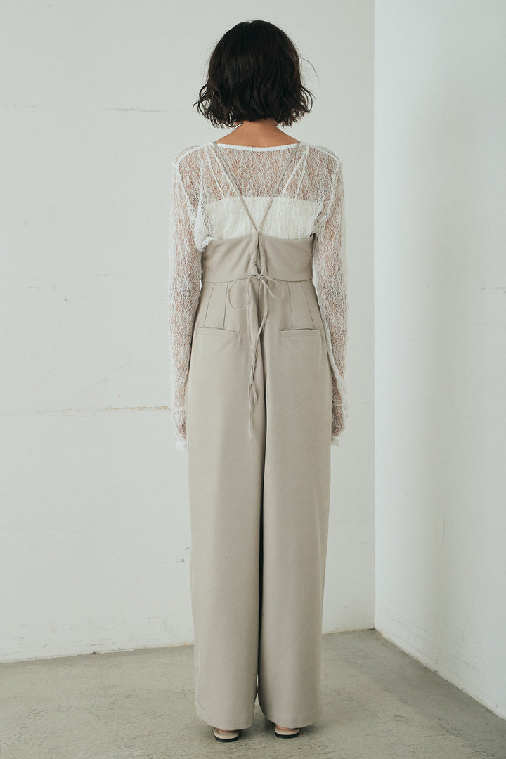 [SET]バックジップデザインショートツイルジャケット+キャミロングオールインワン+ストレッチレースクルーネックインナー(3set)