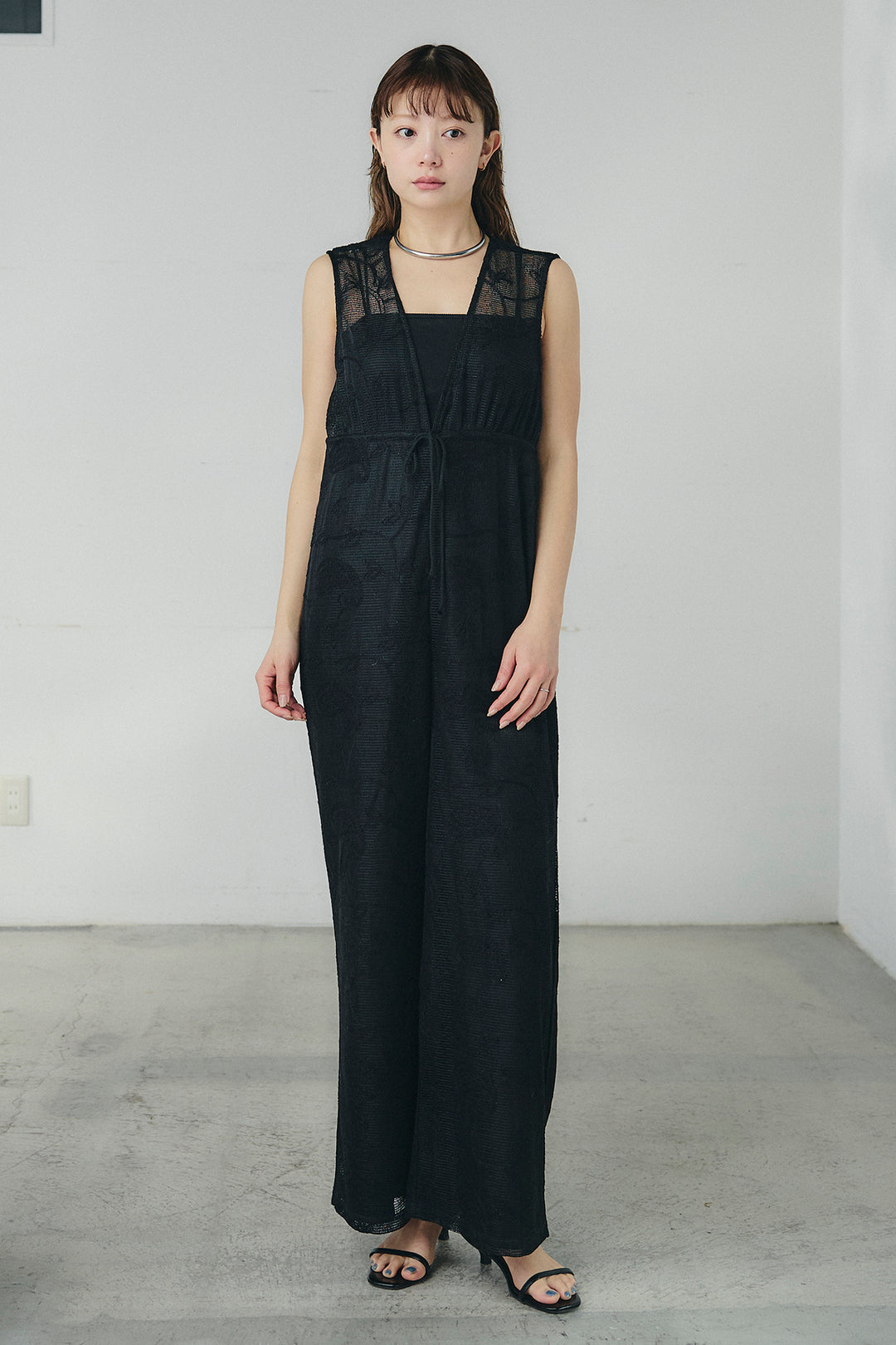 [SET]ノーカラーデニムポケットジャケット+レースサロペット(2set)