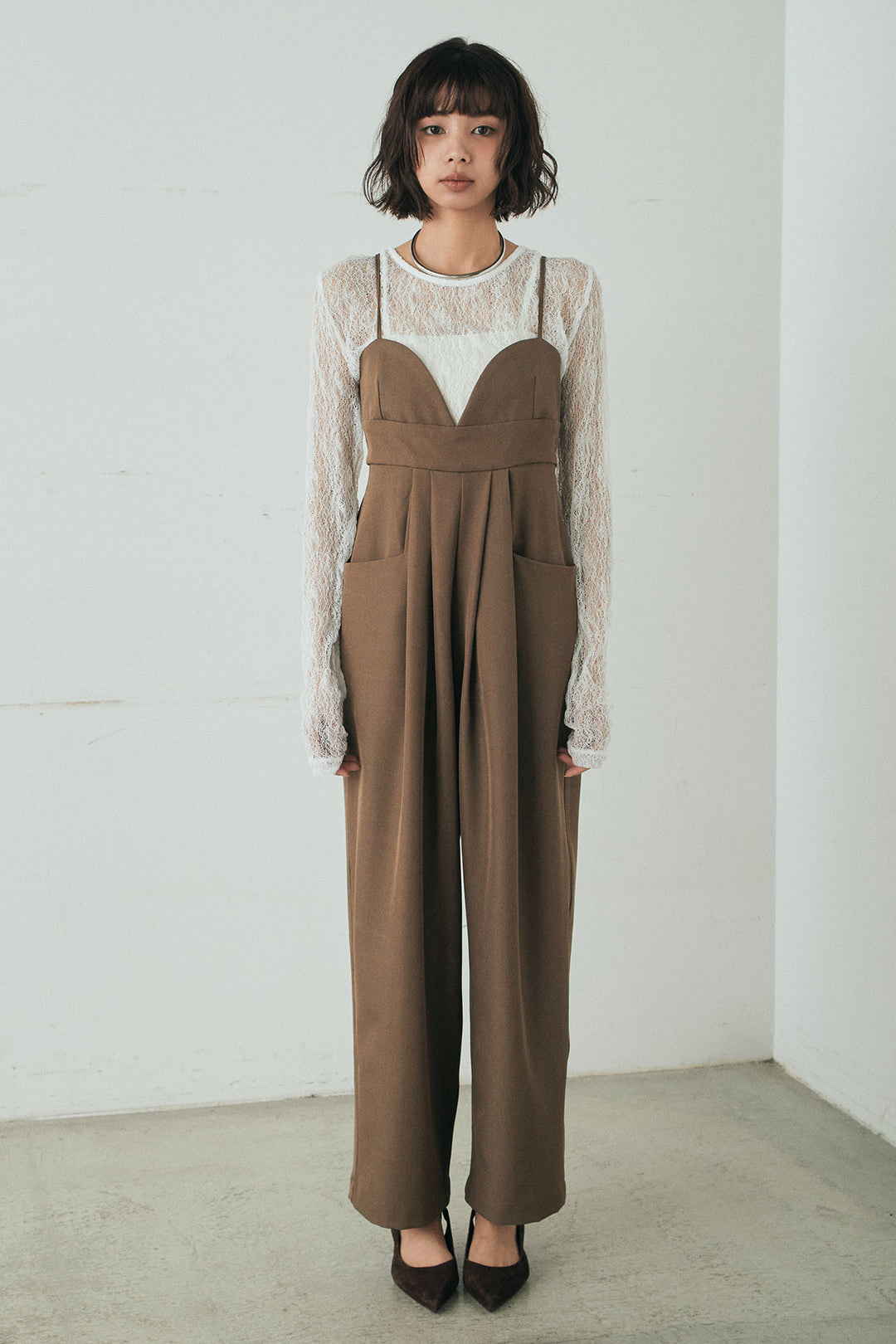 [SET]バックジップデザインショートツイルジャケット+キャミロングオールインワン+ストレッチレースクルーネックインナー(3set)