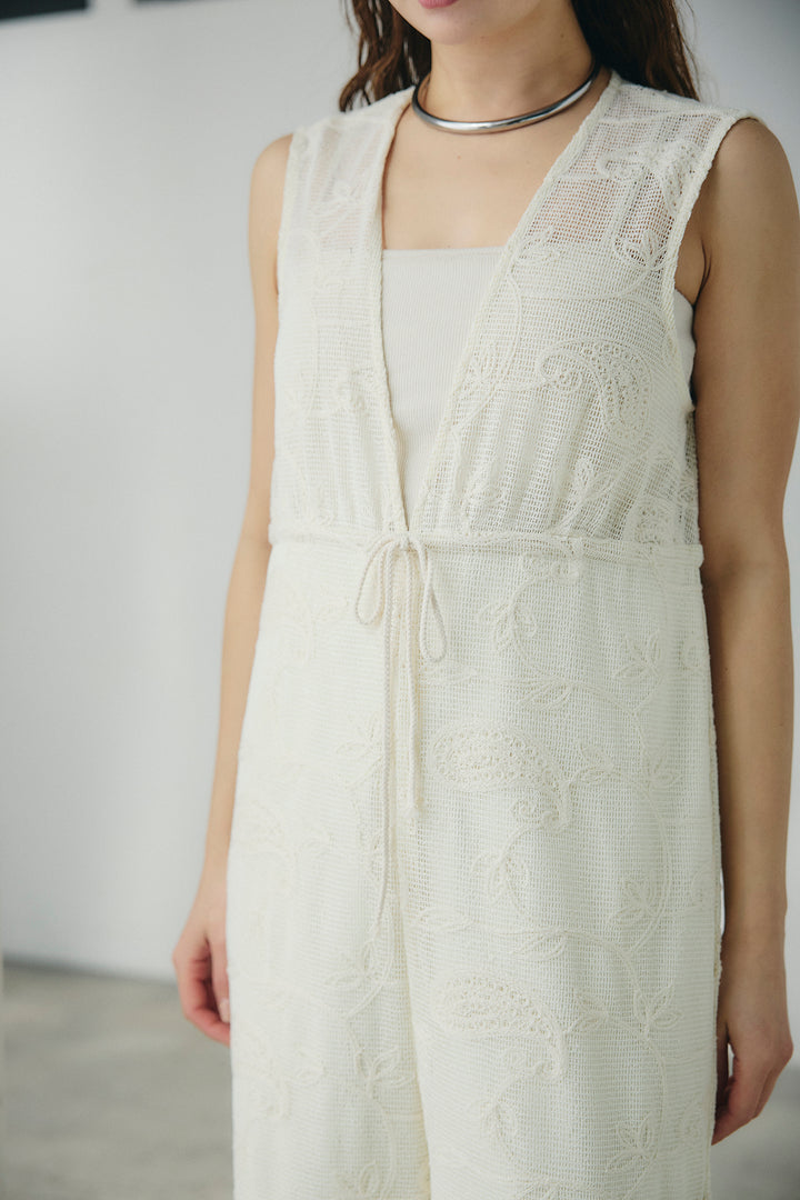 [SET]ケミカルデニムヘムカットオフジレ+レースサロペット(2set)