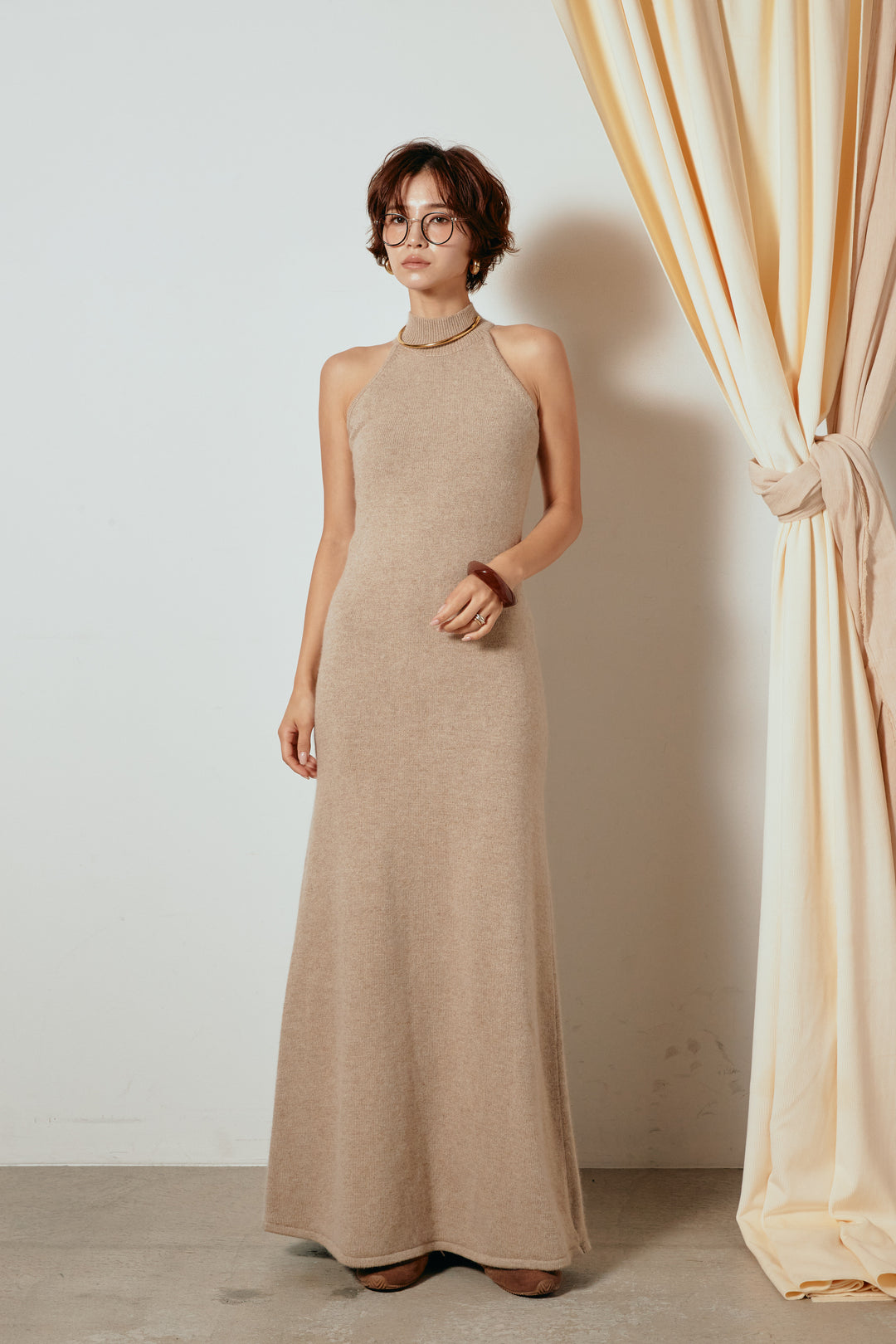 [SET]裾フリンジ柄ポンチョアウター+ノースリーブニットロングワンピース(2set)