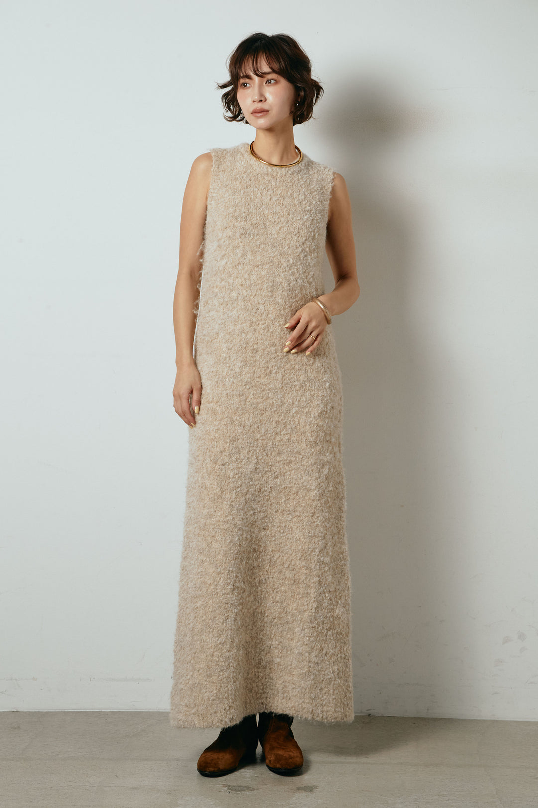 [SET]起毛チェック柄ポケットアウター+起毛ノースリーブニットロングワンピース(2set)