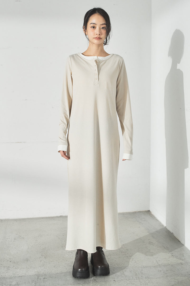 [SET]加工デニムレザー襟付きデニムブルゾン+カットリブレイヤードヘンリーネックワンピース(2set)