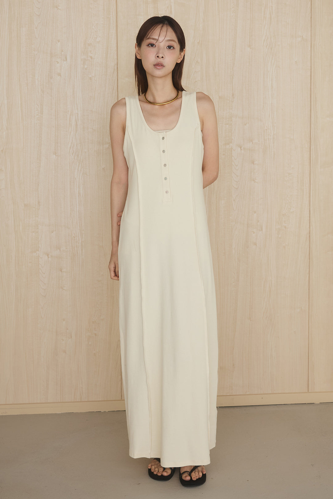 [SET]ケミカルデニムヘムカットオフジレ+ノースリロングワンピース(2set)