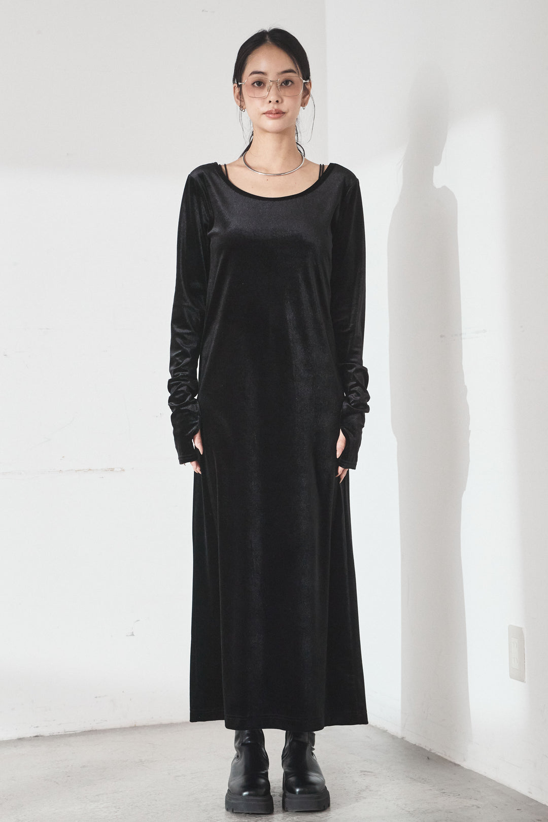 [SET]ハイネックパイピングデザインブルゾン+ベロアバレエネックワンピース(2set)