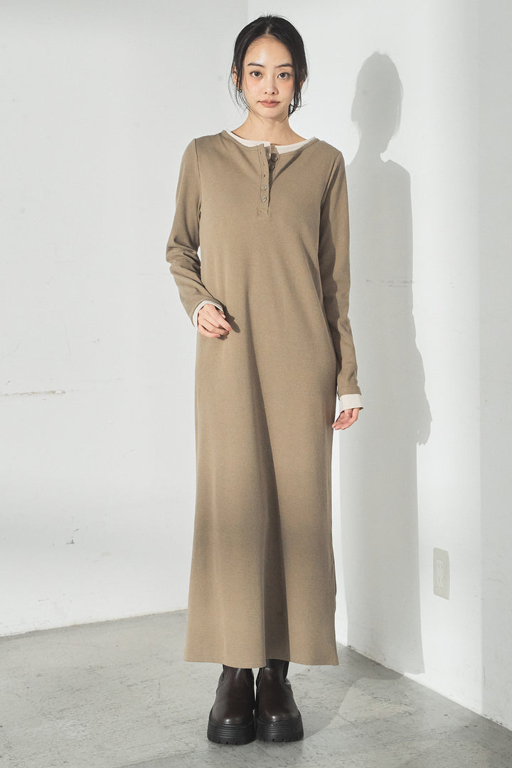 [SET]加工デニムレザー襟付きデニムブルゾン+カットリブレイヤードヘンリーネックワンピース(2set)