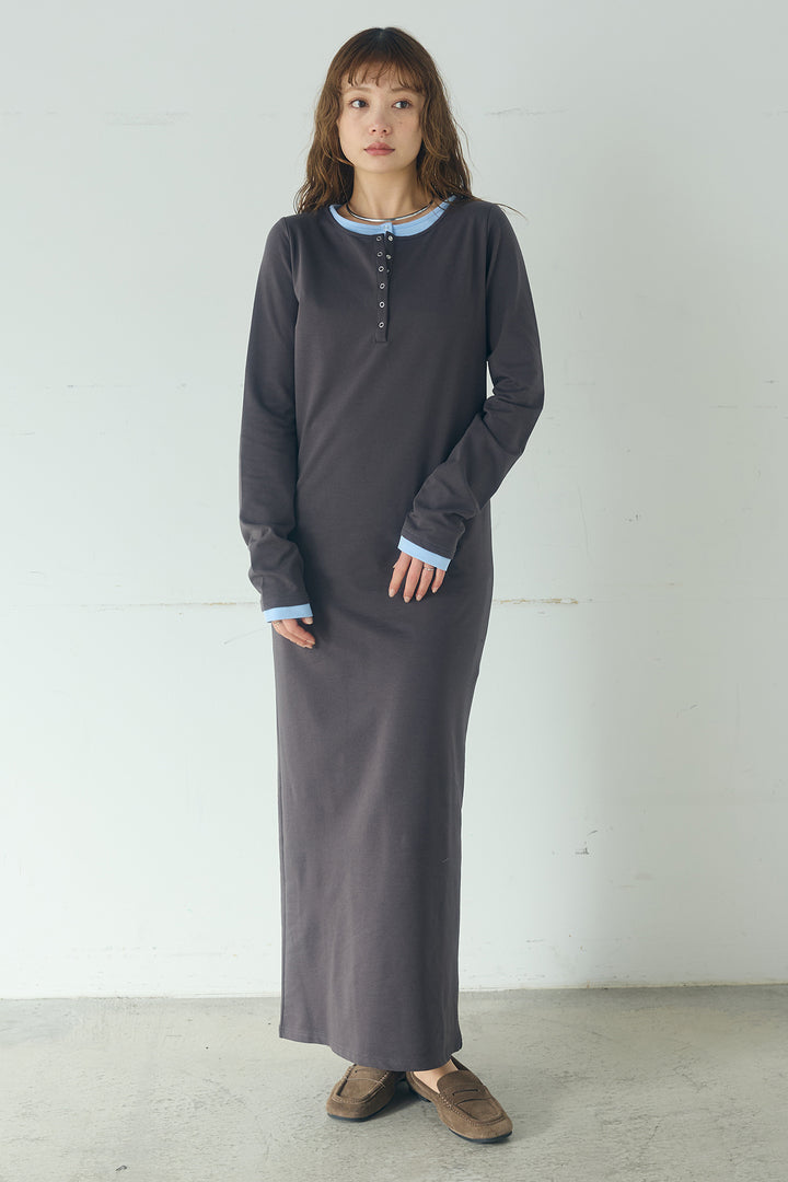 [SET]デニムダブルジップパーカーブルゾン+レイヤード見えヘンリーネックロングワンピース(2set)