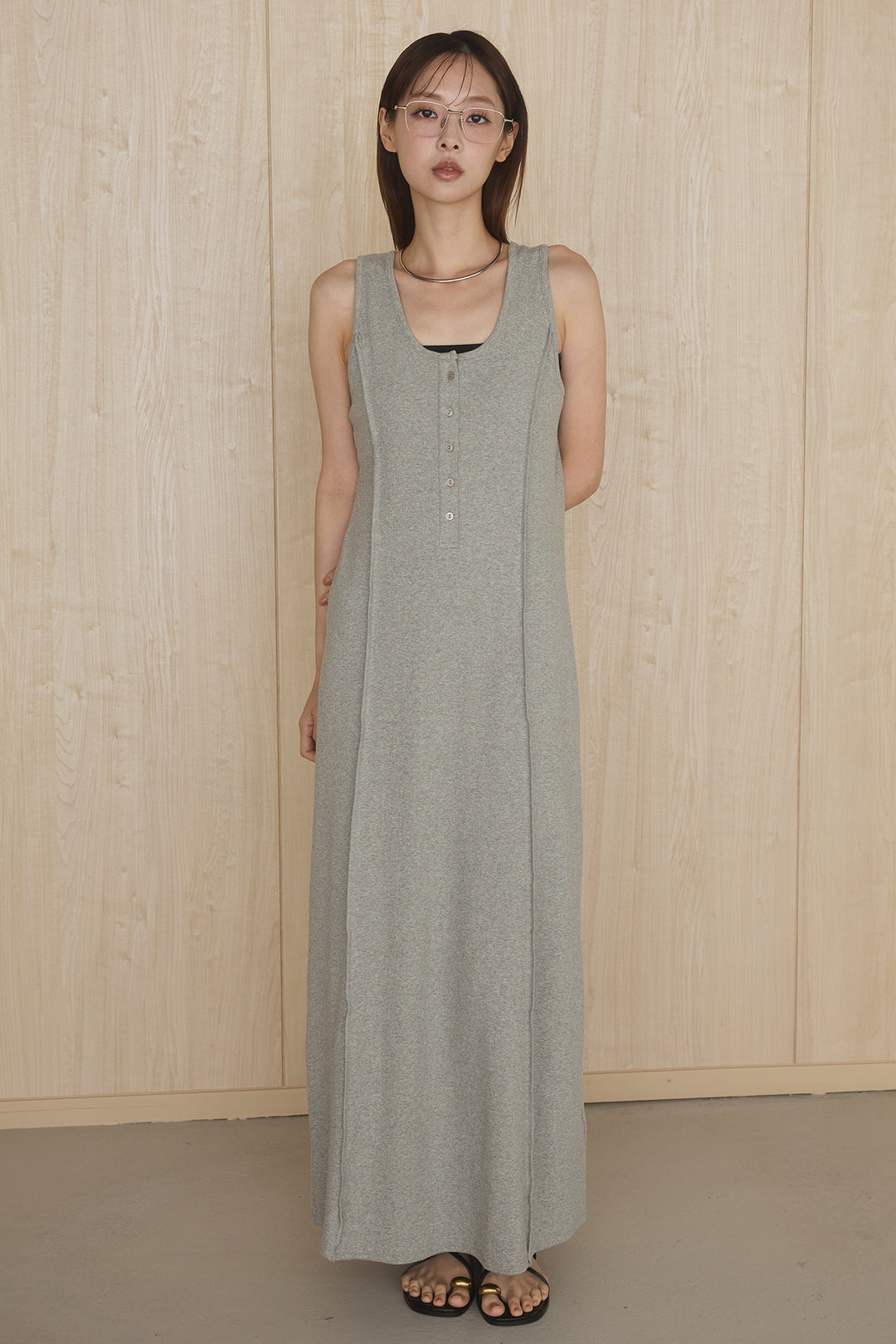 [SET]ケミカルデニムヘムカットオフジレ+ノースリロングワンピース(2set)