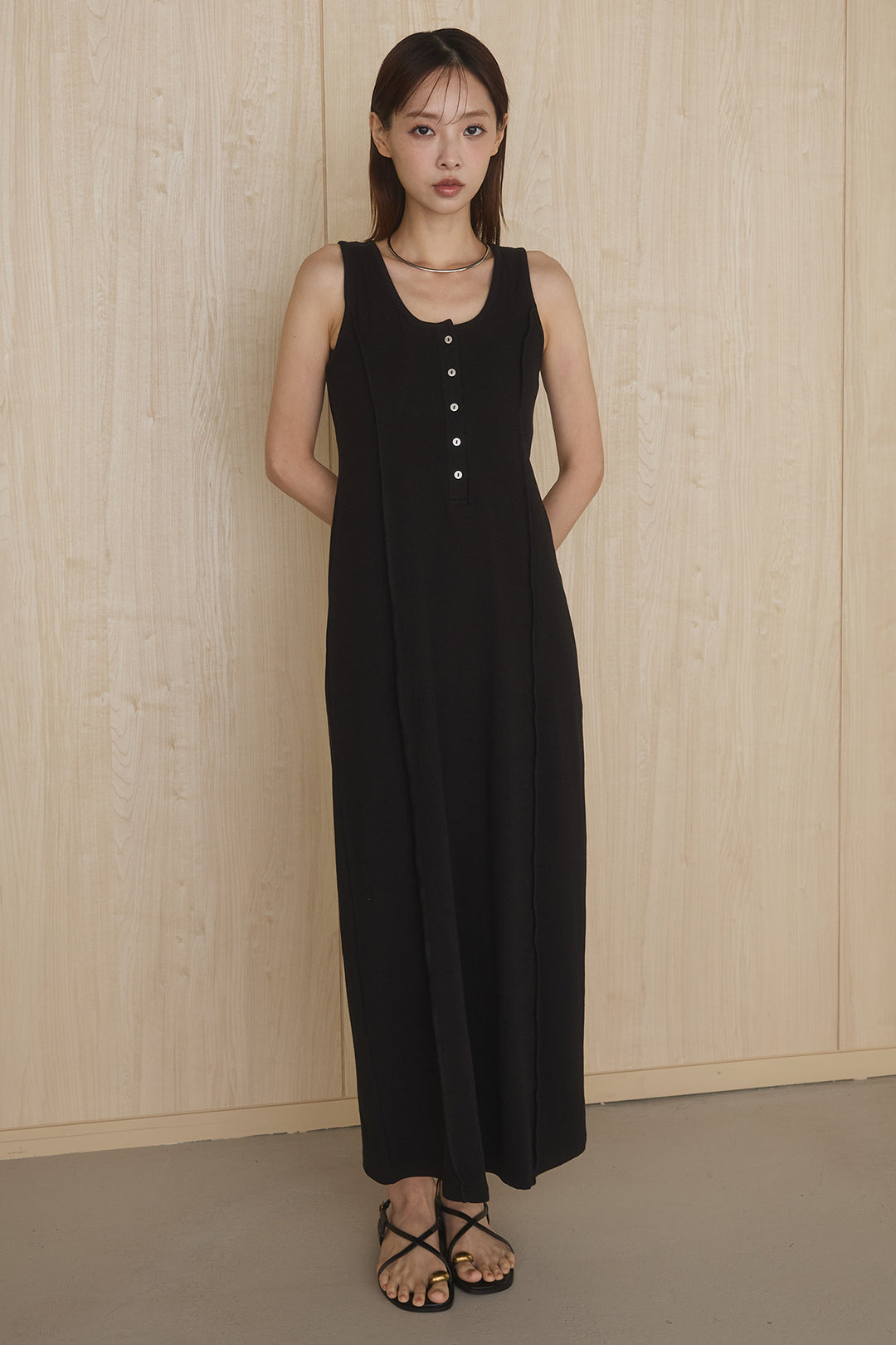 [SET]ケミカルデニムヘムカットオフジレ+ノースリロングワンピース(2set)