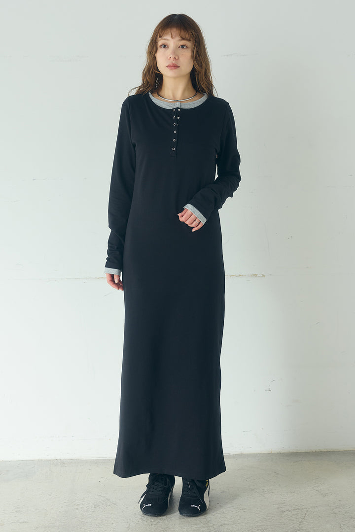 [SET]デニムダブルジップパーカーブルゾン+レイヤード見えヘンリーネックロングワンピース(2set)