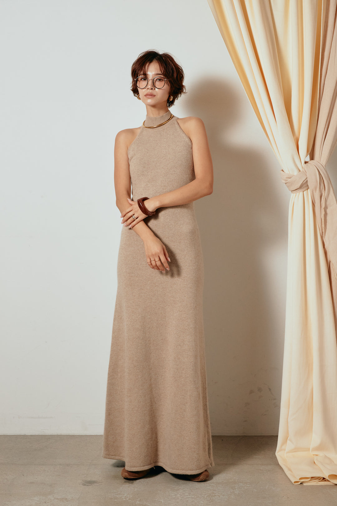 [SET]ミックスシープファースタンドブルゾン+ノースリーブニットロングワンピース(2set)