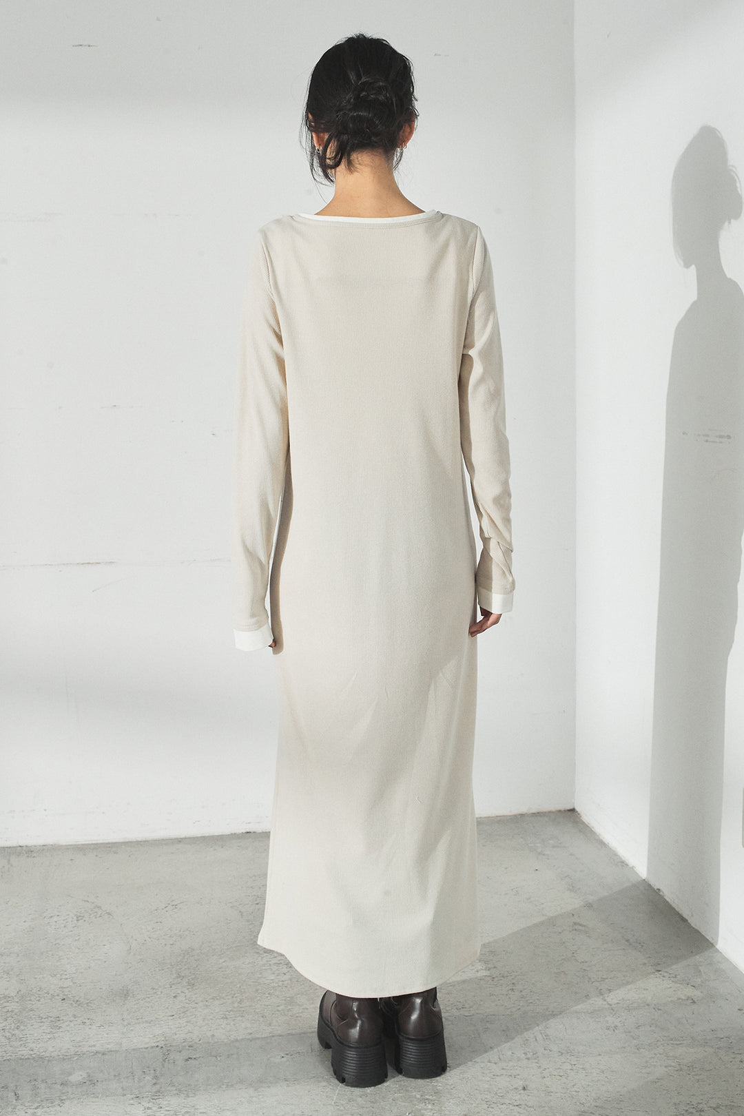 [SET]加工デニムレザー襟付きデニムブルゾン+カットリブレイヤードヘンリーネックワンピース(2set)