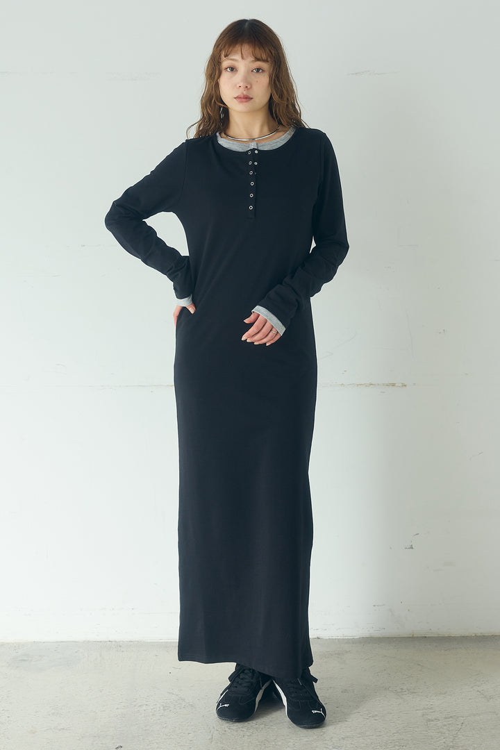 [SET]デニムダブルジップパーカーブルゾン+レイヤード見えヘンリーネックロングワンピース(2set)