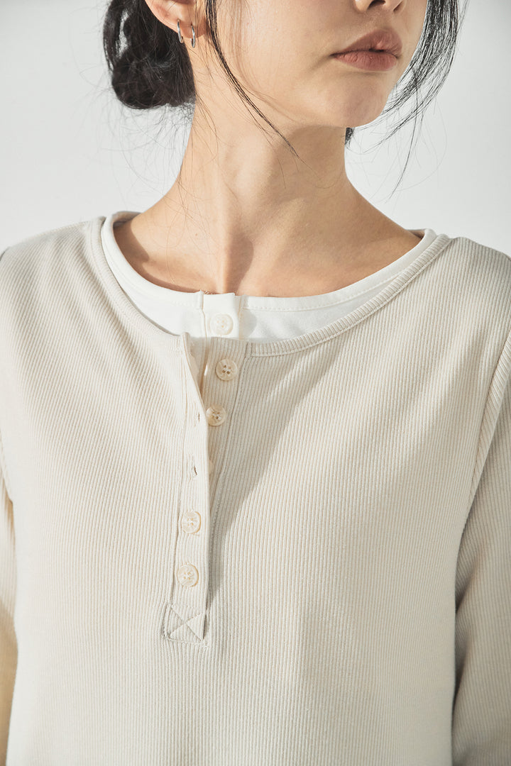 [SET]加工デニムレザー襟付きデニムブルゾン+カットリブレイヤードヘンリーネックワンピース(2set)