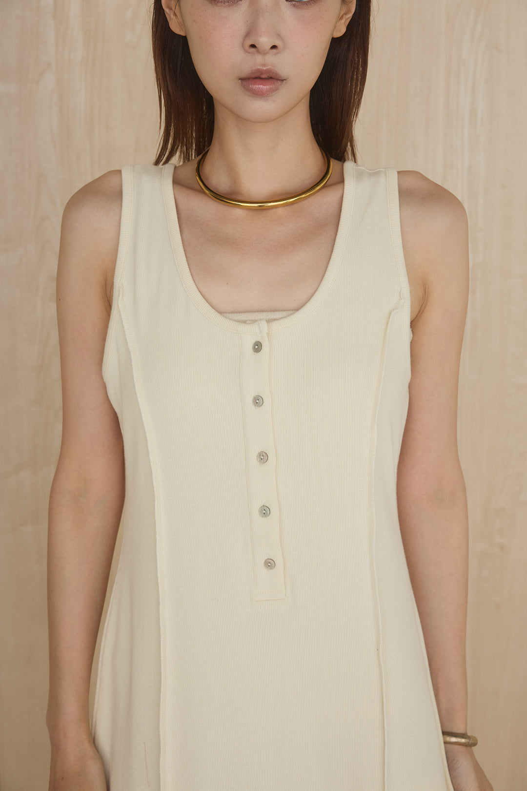 [SET]ケミカルデニムヘムカットオフジレ+ノースリロングワンピース(2set)