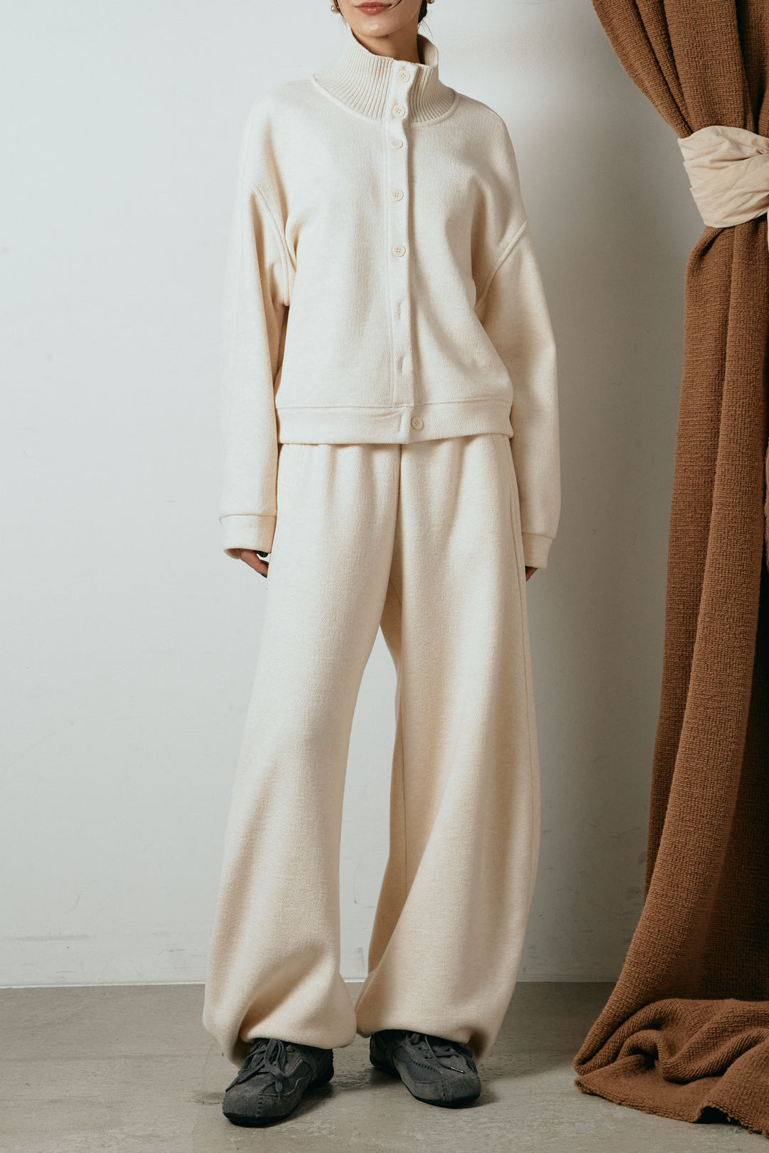 [SET]リブスタンドネックボタントップスSETUP