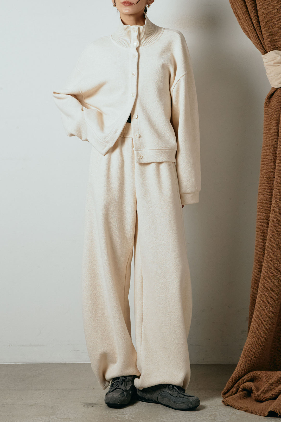 [SET]リブスタンドネックボタントップスSETUP