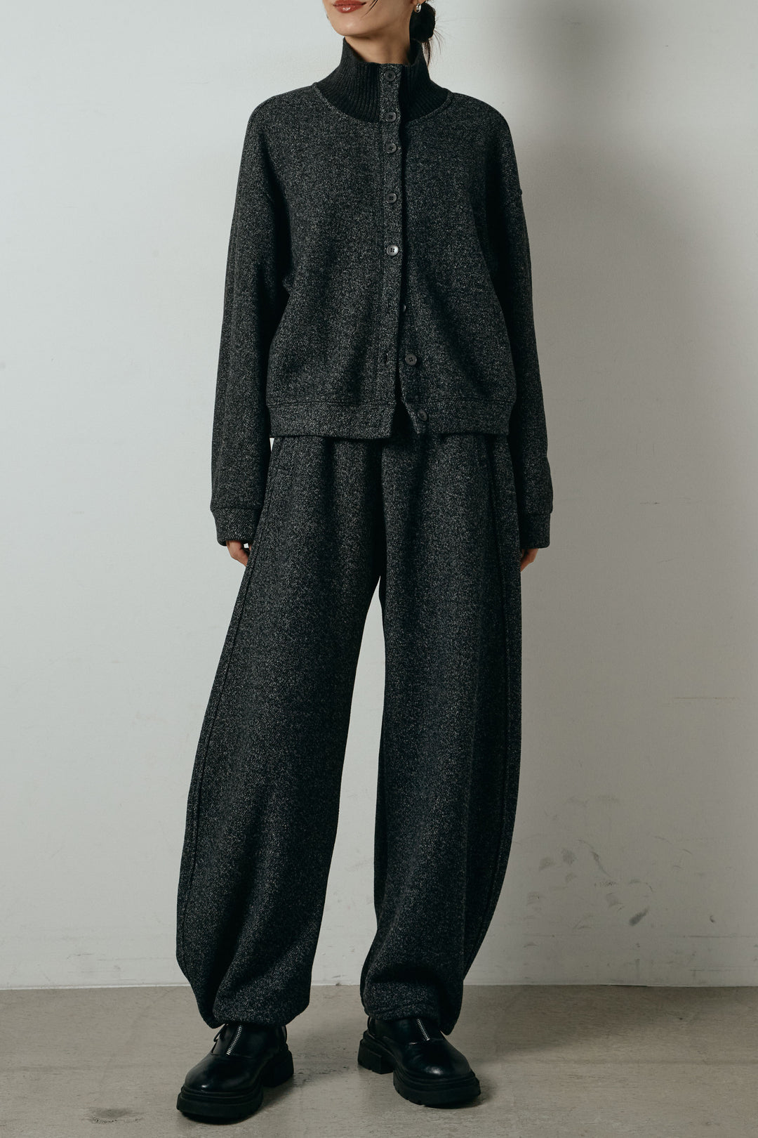 [SET]リブスタンドネックボタントップスSETUP