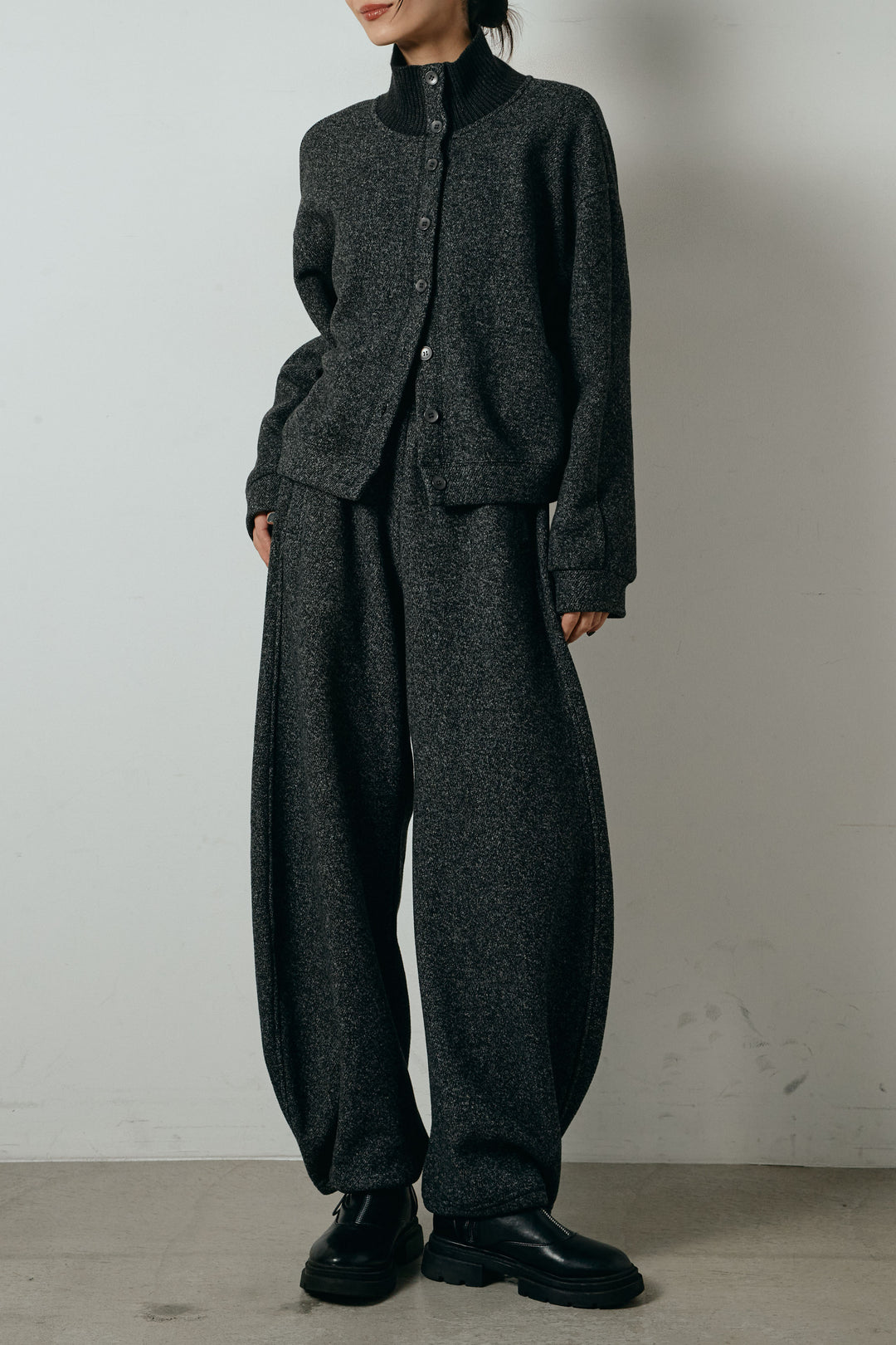 [SET]リブスタンドネックボタントップスSETUP