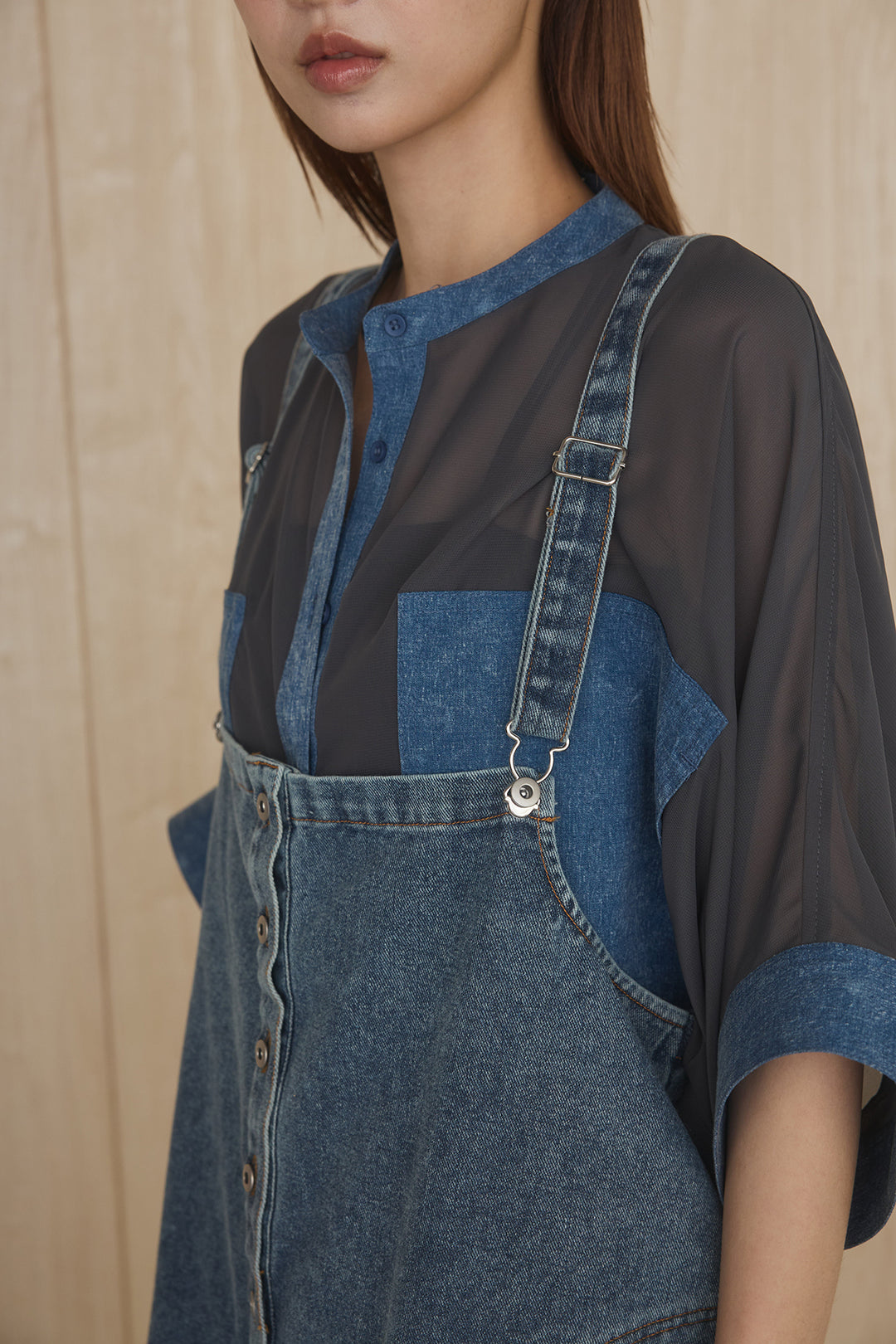 [SET]メッシュテーラードワイドジャケット+フロントボタンデニムサロペット(2set)