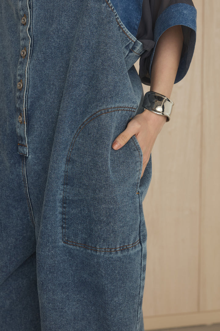 [SET]シアーレイヤーデザインカットソー+フロントボタンデニムサロペット(2set)